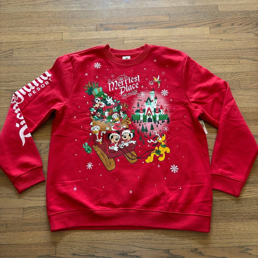 Disney Parks Merriest Place on Earth Christmas Sweatshirt Red Mickey L NWT